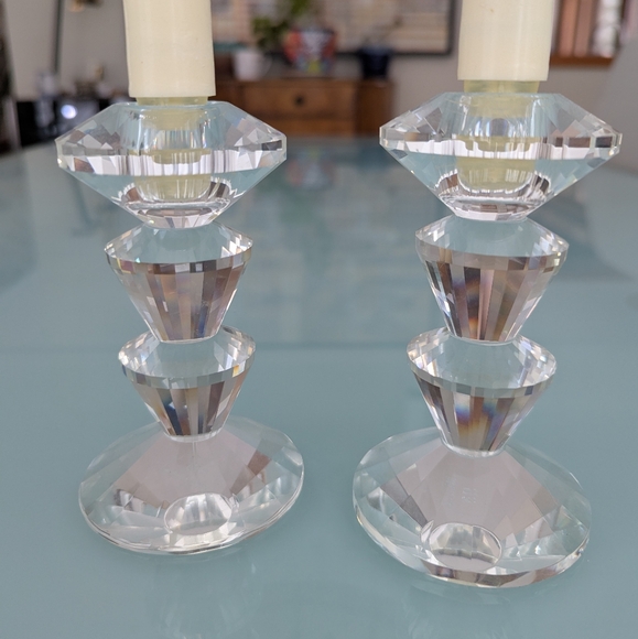 Vintage Simon Designs Lead Crystal Glass Tiered Candlestick Holders - Set of 2 - Picture 4 of 12